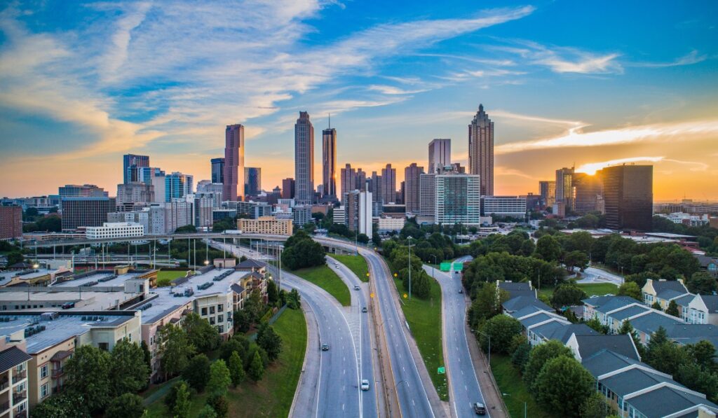 Aerial view of the Atlanta skyline at sunset